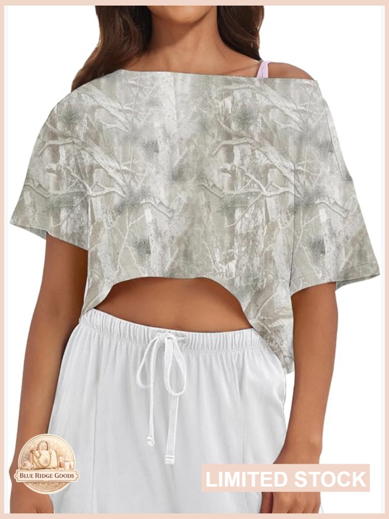 Off The Shoulder Camo Crop Tee Oversized Short Sleeve Boat Neck Loose Fit